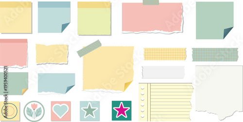 Set of various sticky notes, paper scraps, washi tape, and decorative stickers vector illustration