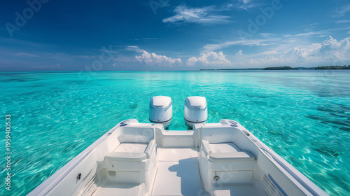 Rear view of a modern white luxury motorboat with twin outboard engines cruising on open water, showcasing sleek design, power, and premium marine lifestyle.