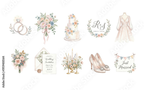 Watercolor Wedding Clipart Set — 10 Romantic Bridal & Ceremony Elements PNG SVG Vector Illustration