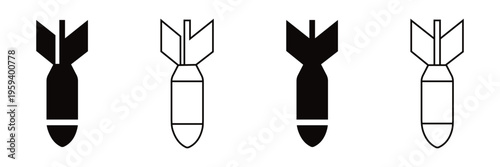Missile and Bomb Silhouette Icon Set – Ballistic Rockets, Nuclear Warhead, Explosive Devices and Military Weapons 
Vector Collection