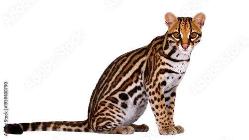 Fotografie Beautiful wild ocelot, a medium-sized spotted cat, sitting calmly looking forwar