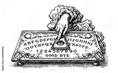 Vintage Spirit Board with All-Seeing Eye Planchette, Occult Woodcut Illustration