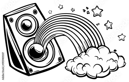 Sound wave emitting from speaker transforms into rainbow and cloud with stars