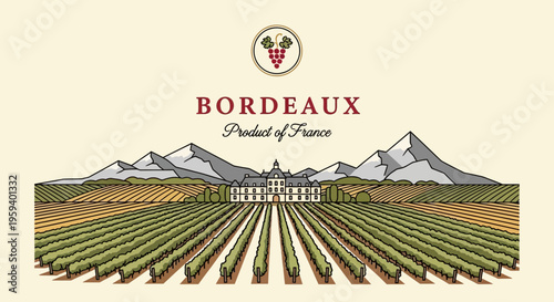 Bordeaux France Wine Vineyard Illustration with Chateau and Grape Logo - Vintage Style Wine Label Design for French Viticulture