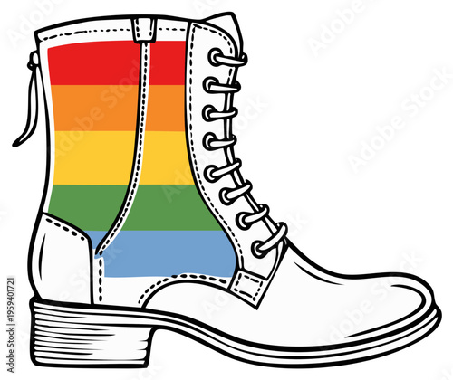 Combat boot with rainbow flag design representing LGBTQ+ pride