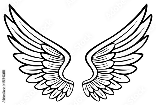 Outline of a pair of large feathered wings spreading upwards and outwards