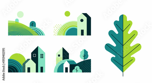 Minimalist Eco-Friendly Landscape Icons Set with Oak Leaf. Geometric Vector Illustrations of Green Houses, Rolling Hills, and Nature for Sustainability and Ecology Projects.