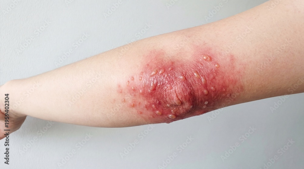 Fototapeta premium Close-up of a person's arm with shingles rash and blisters on skin