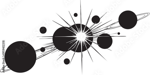 Black planets and celestial bodies orbiting a white star on white background