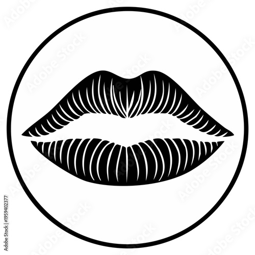 Graphic illustration of lips in a circle, representing beauty and sensuality, black and white, isolated.