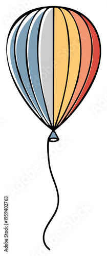 Colorful striped hot air balloon floating with a long string attached