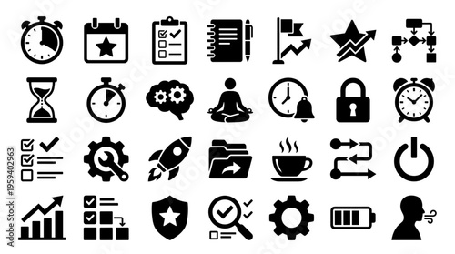 Collection of business and planning icons representing time management strategy workflow and success symbols