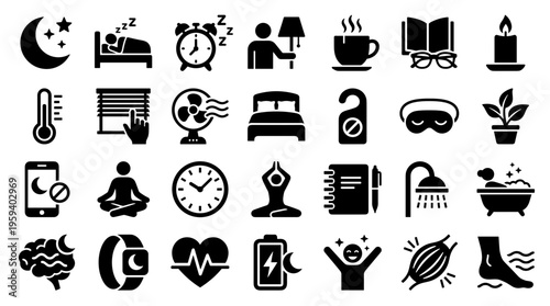 Collection of icons representing healthy sleep and relaxation activities for well-being and self-care