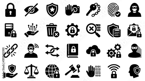 Cybersecurity protection icons representing digital security data privacy network defense and online safety concepts