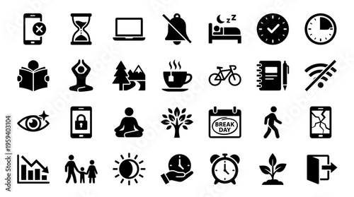 Collection of Icons Representing Modern Life Balance Work Rest Technology Health and Daily Activities