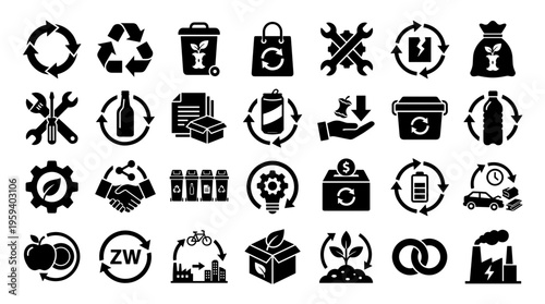 Collection of recycling and sustainability icons representing environmental protection waste management and eco friendly practices