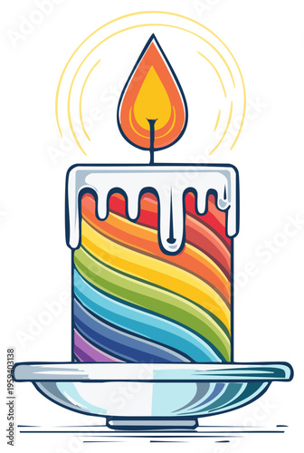 A colorful rainbow striped candle with dripping wax and a bright flame glowing softly