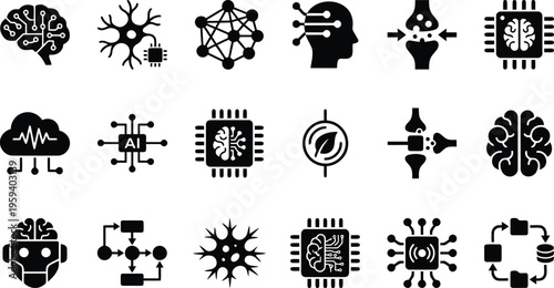 Artificial intelligence and neural network icons: brain, circuits, and data processing