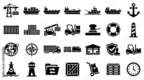 Collection of shipping and logistics icons representing cargo transport, port operations, and global trade with cranes, ships, containers, forklifts, and lighthouses