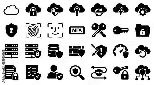 Collection of modern security and technology icons representing digital protection data privacy cloud computing and network access concepts