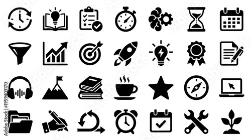 Collection of business and startup icons representing planning strategy growth success and productivity in a modern flat design style