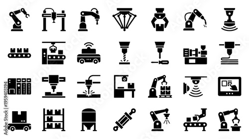 Industrial Automation Icons Set Robotic Arms Conveyor Belts Manufacturing Equipment and Technology Symbols for Smart Factory Concept
