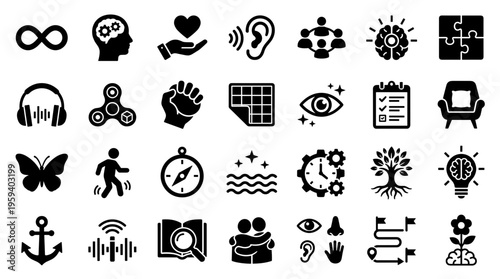 Collection of Icons Representing Human Mind, Emotions, Senses, and Abstract Concepts