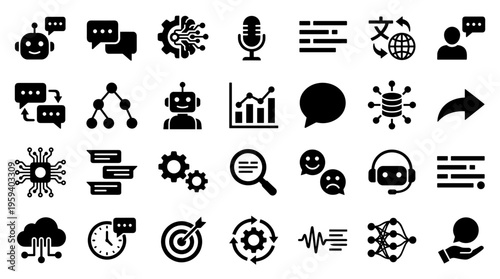 Collection of modern flat icons representing artificial intelligence, machine learning, data analysis, communication and technology concepts