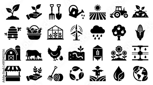 Collection of agriculture and farming icons representing cultivation, harvest, and sustainable practices with natural elements and technology
