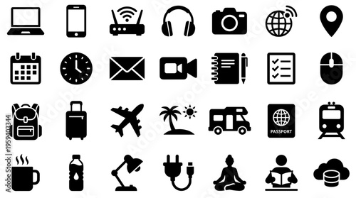 Collection of modern flat icons representing technology travel business and lifestyle concepts on a white background
