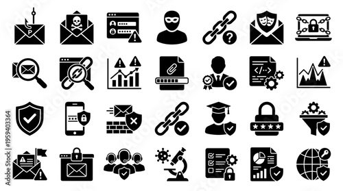 Cybersecurity icons collection representing digital security threats data protection network safety and online privacy concepts