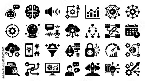 Collection of AI and technology icons representing artificial intelligence machine learning data analytics cloud computing and business processes