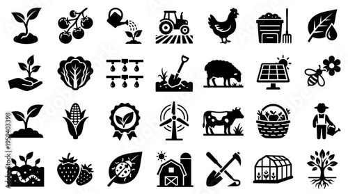 Collection of farming and agriculture icons representing growth, cultivation, and rural life with elements like plants, animals, and machinery