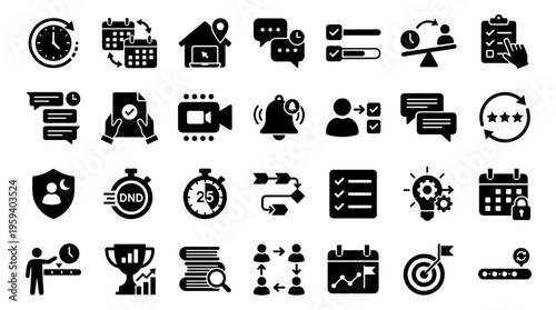 Collection of business and management icons representing planning, strategy, time management, productivity, and teamwork in a modern flat design style