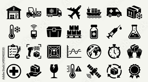 Logistics and supply chain icons set representing shipping delivery cold chain transport and quality control services