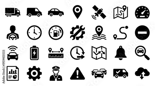 Collection of transportation and logistics icons representing navigation tracking delivery services and vehicle management concepts