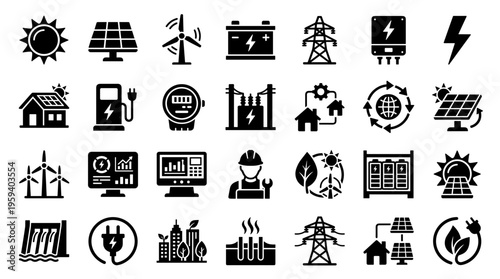 Renewable energy icons collection representing solar wind hydro geothermal and battery power for sustainable electricity generation and eco friendly technology