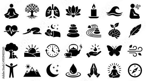 Collection of black and white icons representing wellness, health, meditation, nature, and lifestyle concepts for a balanced life