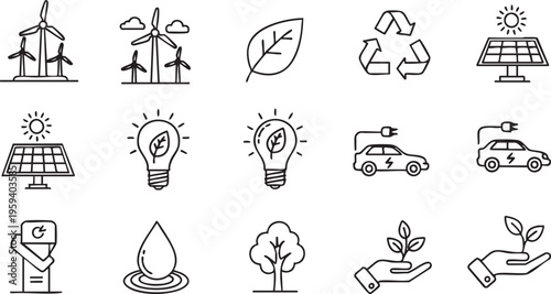 Black silhouette eco friendly on white background solar panel wind turbine