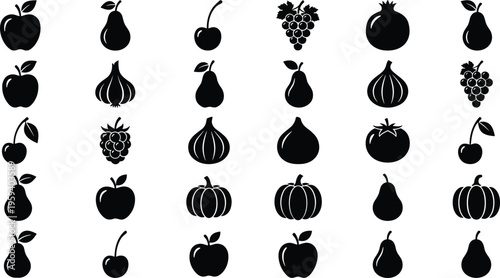 Fruit and vegetable silhouette icons, apple pear cherry grape tomato onion garlic pumpkin pomegranate raspberry, healthy food design vector, flat vector illustration