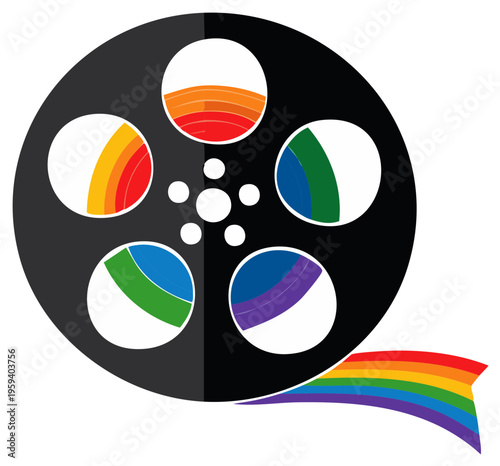 Black film reel displaying rainbow colors representing LGBTQ+ movies, pride, and storytelling
