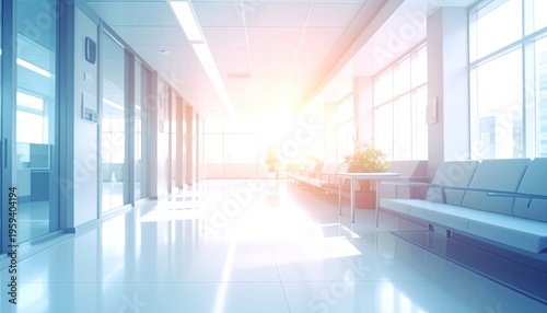 Modern hospital hallway with bright natural light and seating areas.