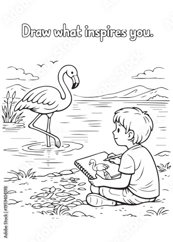 coloring book page boy drawing a flamingo in a sketchbook by the shore
