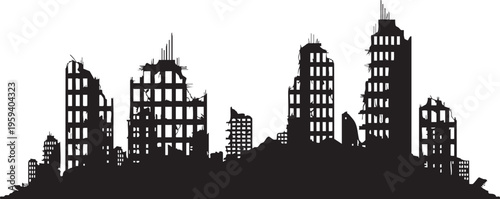 Black silhouette of a destroyed city skyline with tall buildings ruins