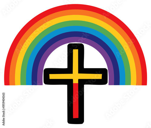 Vibrant Rainbow Arches Above Boldly Outlined Christian Cross in Bright Colors