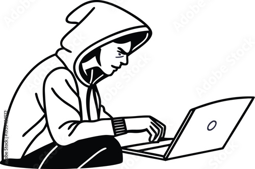 Hacker, hooded figure, black and white illustration, line art, computer user, cybersecurity concept