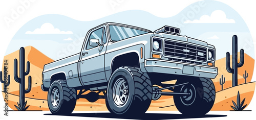 Large blue truck in desert with cacti and mountains