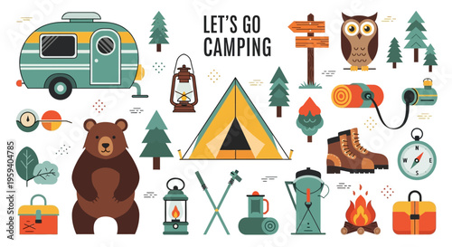 Camping Adventure Vector Illustration Set with Retro Caravan, Tent, Bear, Campfire, and Hiking Gear. Outdoor Activity Flat Graphics for Tourism and Summer Vacation.