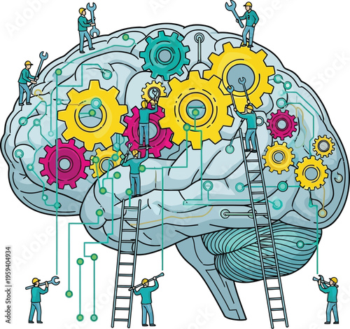 Workers building and repairing a brain with colorful gears