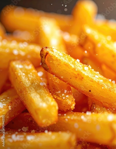A close-up, detailed shot of golden french fries generously seasoned with salt.